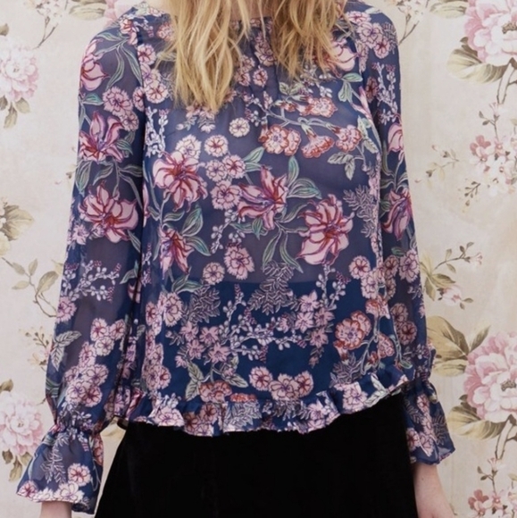 for LOVE AND LEMONS flora button back blouse floral burnout sheer blue xs - Picture 12 of 13